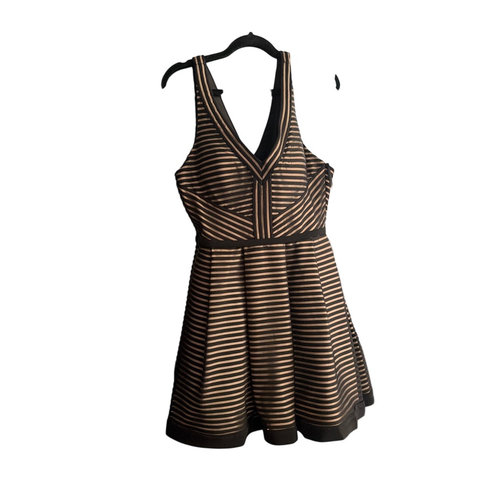 La Femme Black and Tan Striped Mini Dress